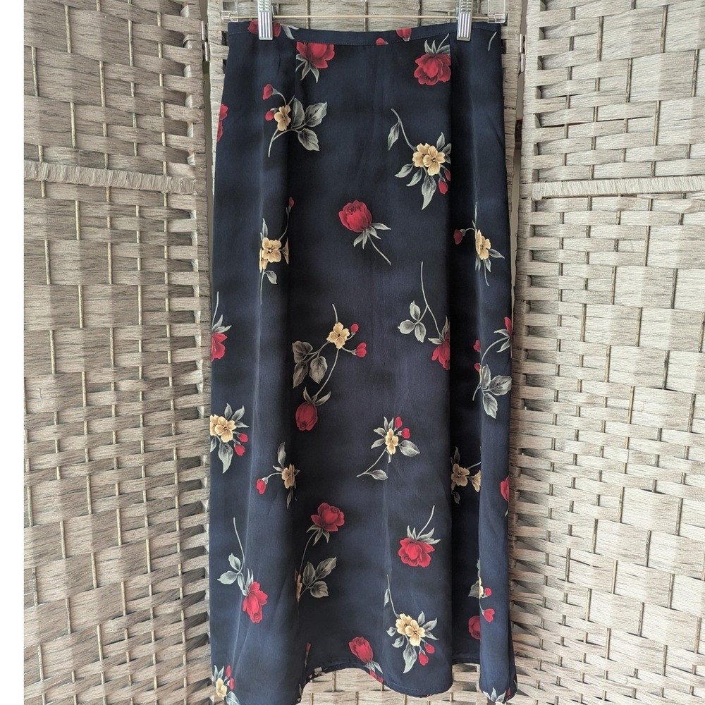 Vtg‎ 90s Maxi Skirt Black Red Floral Rose Sz 10 Whimsigoth Grunge Dark Romantic